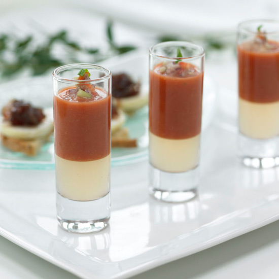 Tomato Gazpacho with Tomato Jelly, Red Onion & Goats Cheese Croustade