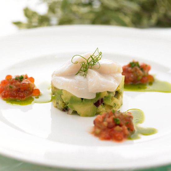 Rice wine marinated Diver caught Scallops with Spiced Avocado and Gazpacho